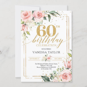 Bohemian blush pink floral greenery & gold 60th in invitation
