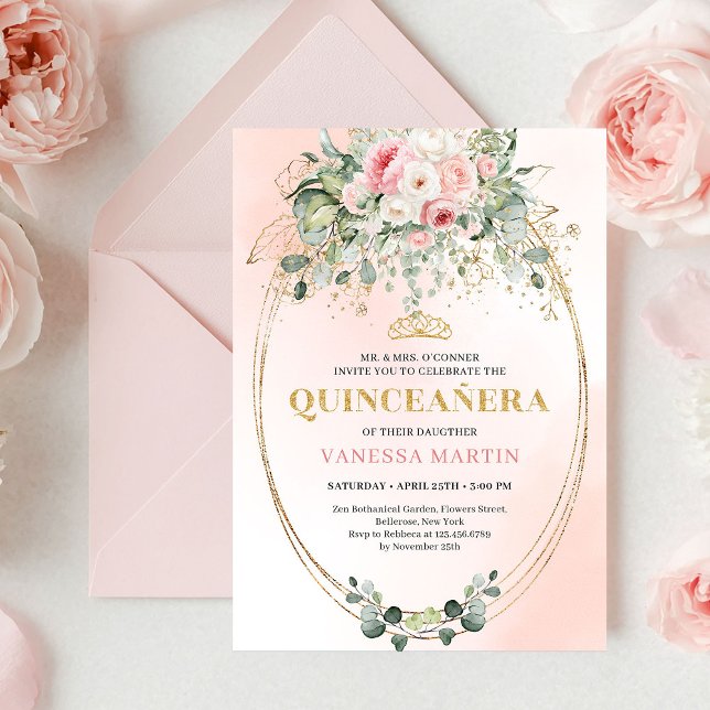 Bohemian Blush Pink Floral Quinceañera Invitation (Bohemian Blush Pink Floral Quinceañera Invitation)