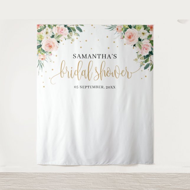 Bohemian blush pink floral roses bridal shower tapestry (Front)