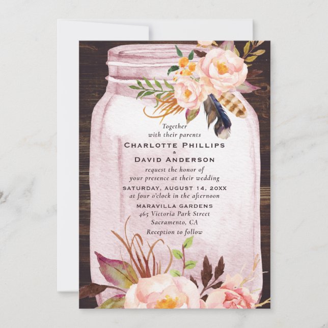 Bohemian Blush Pink Mason Jar Floral Wedding Invitation (Front)