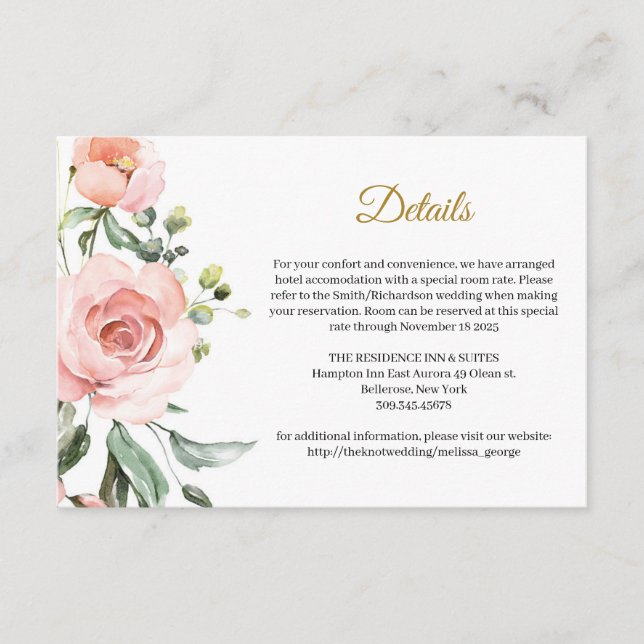 Bohemian blush pink peach floral gold details card (Front)