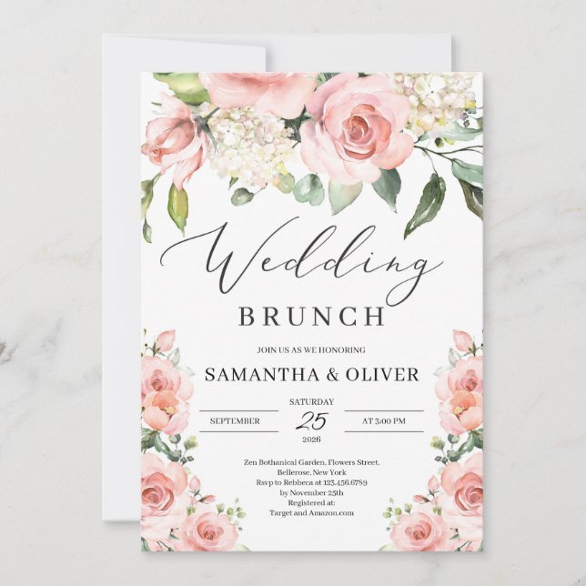 Bohemian blush pink peach floral wedding brunch invitation (Front)