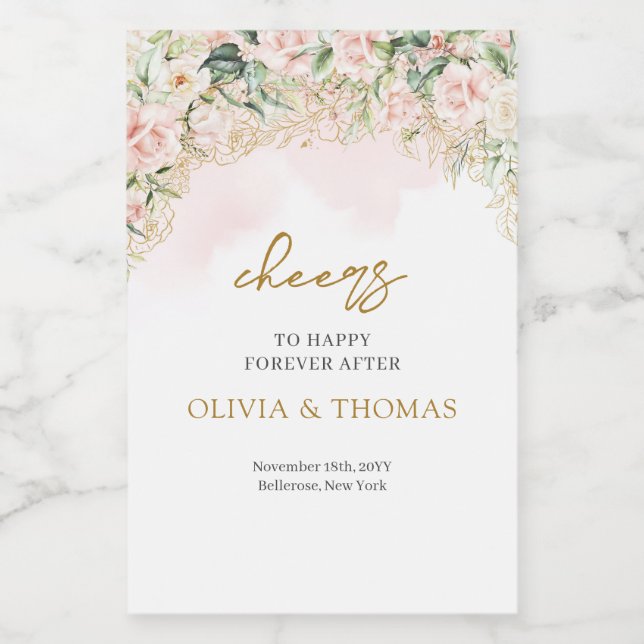 Bohemian  Blush roses eucalyptus and gold wedding Wine Label (Single Label)