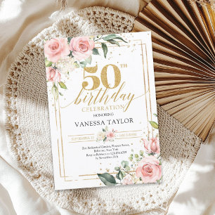 Bohemian boho blush pink floral gold 50th birthday invitation