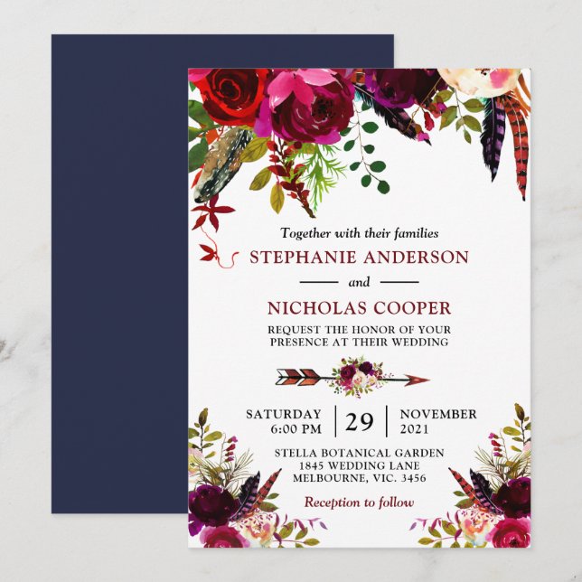 Bohemian boho bordo floral invitation (Front/Back)