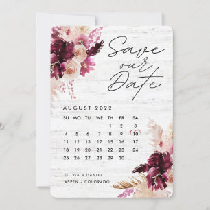 Bohemian Boho Burgundy Red Calendar Save The Date Invitation