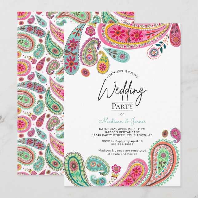 Bohemian Boho Chic pink Indian Paisley Wedding Invitation (Front/Back)