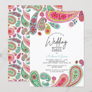 Bohemian Boho Chic pink Indian Paisley Wedding Invitation
