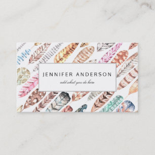 Bohemian Boho Colourful Watercolor Feathers Business Card