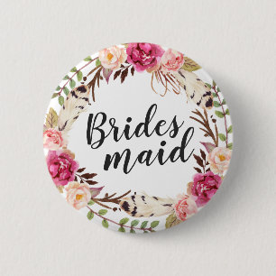 Bohemian Boho Floral Wreath Calligraphy Bridesmaid 6 Cm Round Badge