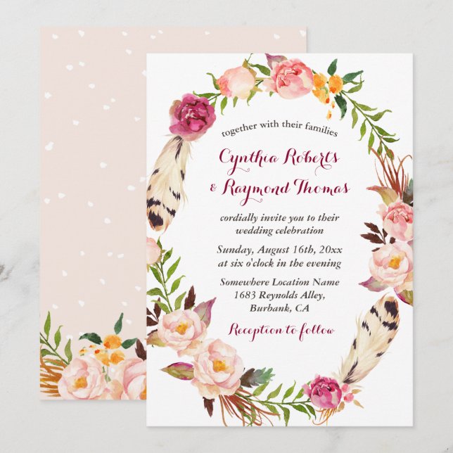 Bohemian Boho Floral Wreath Wedding Invitation (Front/Back)