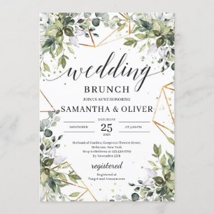 Bohemian boho greenery foliage gold frames wedding invitation