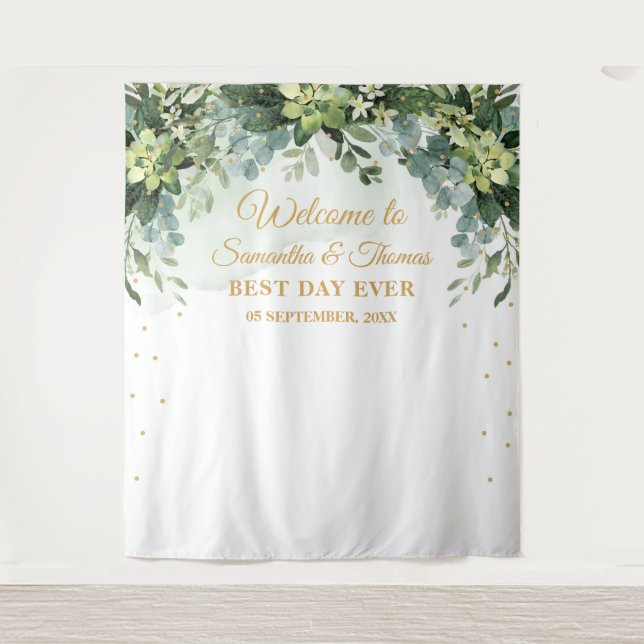 Bohemian boho greenery succulent wedding backdrop tapestry (Front)