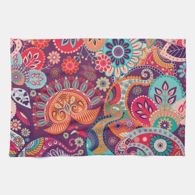 Bohemian Boho MOD Hippy Chic Flower Pattern Tea Towel (Horizontal)