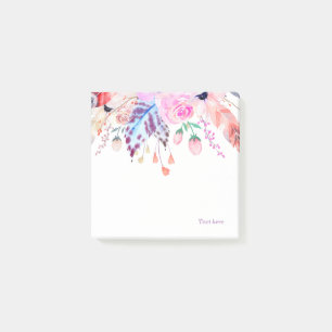 bohemian, boho, pink, floral, feather, trendy, post-it notes