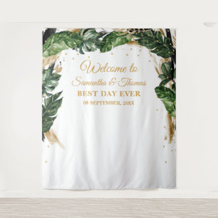 Bohemian boho tropical leaves floral gold wedding tapestry