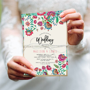 Bohemian Boho Turquoise Fiesta Folk Flowers Invitation