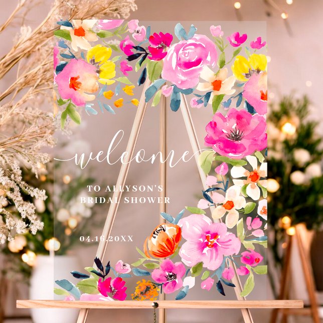 Bohemian bold floral watercolor bridal welcome acrylic sign (Bohemian bold floral watercolor bridal welcome acrylic sign)