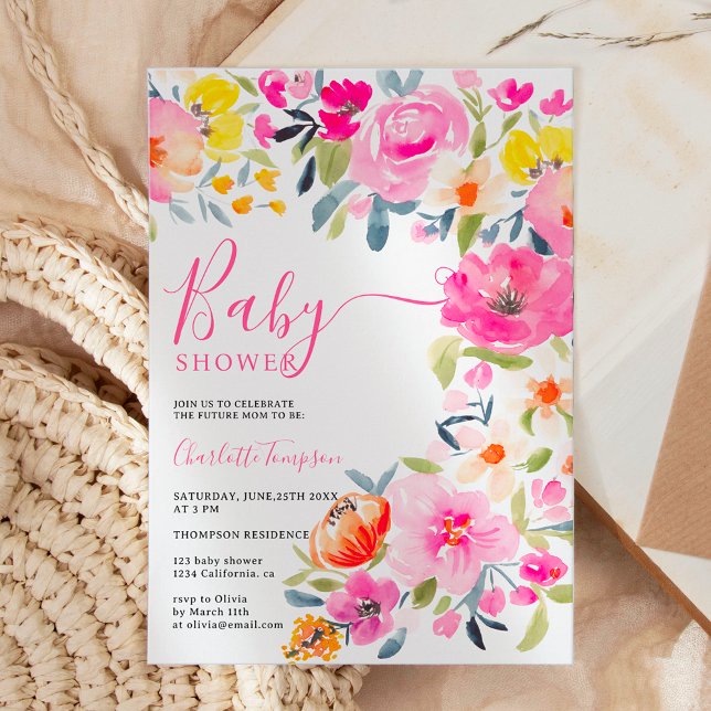 Bohemian bold floral watercolor pink baby shower invitation (Bohemian bold floral watercolor pink baby shower invitation)