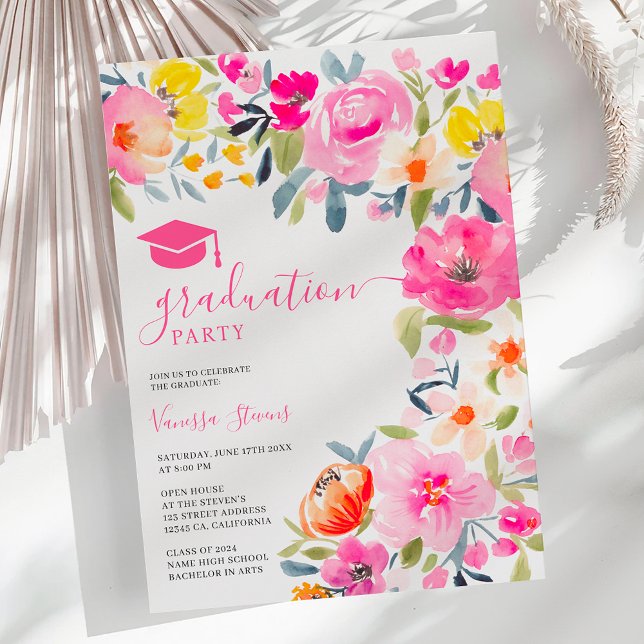 Bohemian bold floral watercolor pink graduation invitation (Bohemian bold floral watercolor pink graduation invitation)