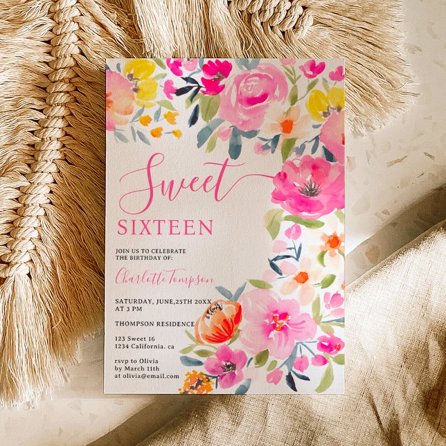 Bohemian bold floral watercolor pink Sweet 16 Invitation (Bohemian bold floral watercolor pink Sweet 16 Invitation on white)