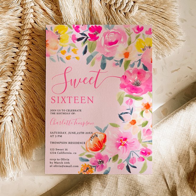 Bohemian bold floral watercolor pink Sweet 16 Invitation (Bohemian bold floral watercolor pink Sweet 16 Invitation on pink)