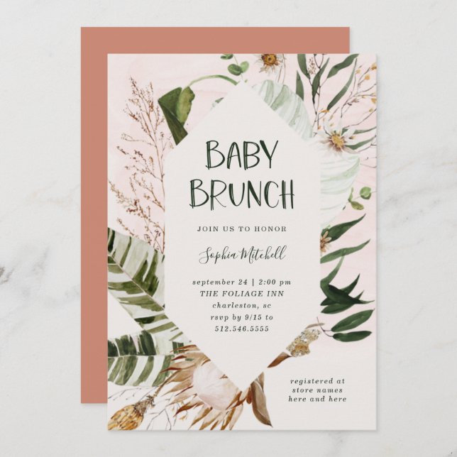 Bohemian Botanical and Pampas Grass | Baby Brunch Invitation (Front/Back)