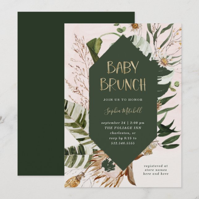 Bohemian Botanical and Pampas Grass | Baby Brunch Invitation (Front/Back)