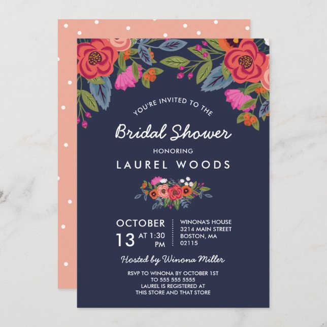 Bohemian Bouquet - Navy Blue Bridal Shower Invitation (Front/Back)