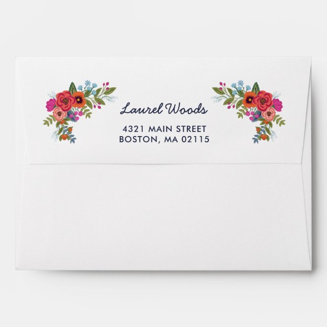 Bohemian Bouquet - Navy Blue & Coral Floral Lining Envelopes (Back (Top Flap))