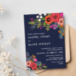 Bohemian Bouquet - Navy Blue & Coral Wedding Invitation<br><div class="desc">Floral wedding invitation with hand-drawn flower bouquets in gorgeous colour combinations--olive green with orange and hot pink and coral and navy blue--combined with modern white fonts. The back features a sprinkle of white confetti against a blush tone. Perfect floral invitation for a fall wedding or winter wedding.</div>