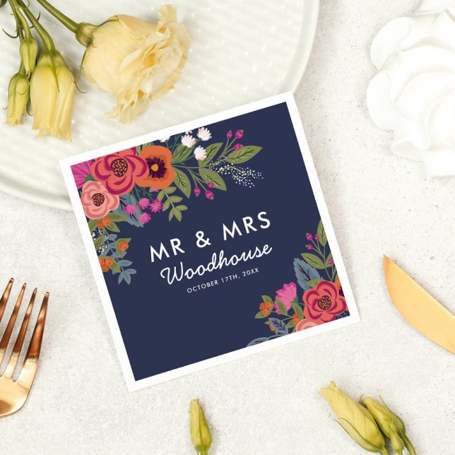 Bohemian Bouquet - Navy Blue Mr & Mrs Wedding Napkin (Creator Uploaded)
