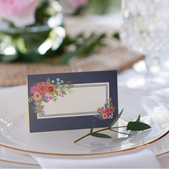 Bohemian Bouquet - Navy Blue - Names Wedding Date Place Card (Creator Uploaded)