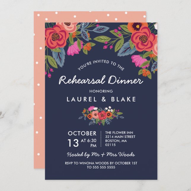 Bohemian Bouquet - Navy Blue Rehearsal Dinner Invitation (Front/Back)