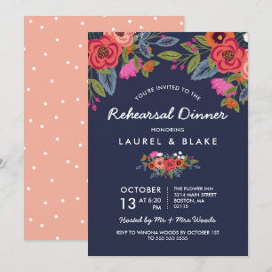 Bohemian Bouquet - Navy Blue Rehearsal Dinner Invitation