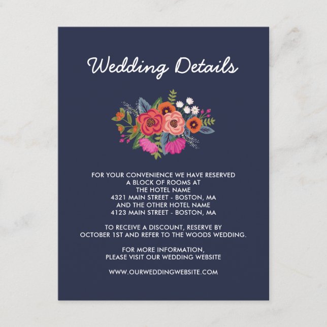 Bohemian Bouquet - Navy Blue Wedding Details Enclosure Card (Front)