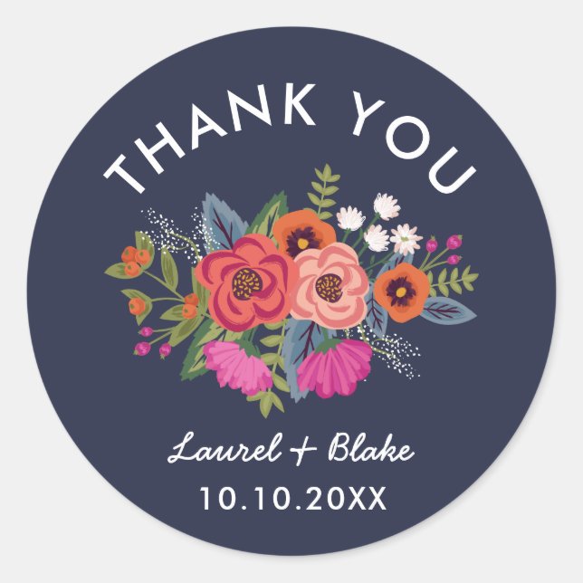 Bohemian Bouquet - Navy Blue Wedding Thank You Classic Round Sticker (Front)
