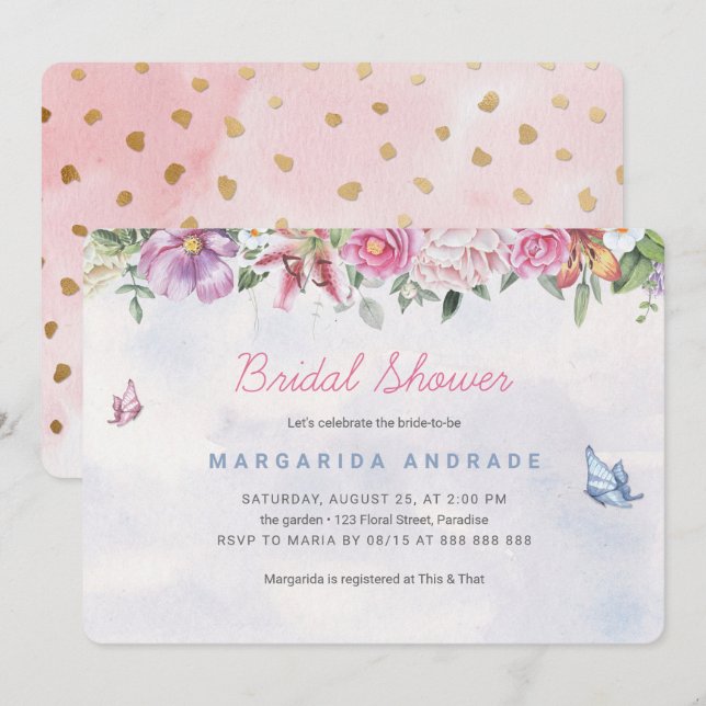 Bohemian Bridal Shower Watercolor Floral Pink Gold Invitation (Front/Back)