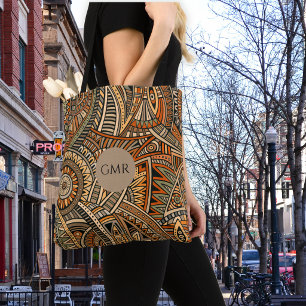 Bohemian Brown, Rust & Black Design Monogram Tote Bag
