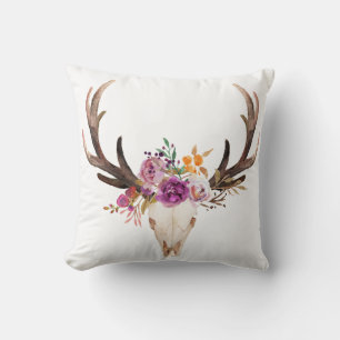 bohemian, bull skull, antler, boho floral cushion