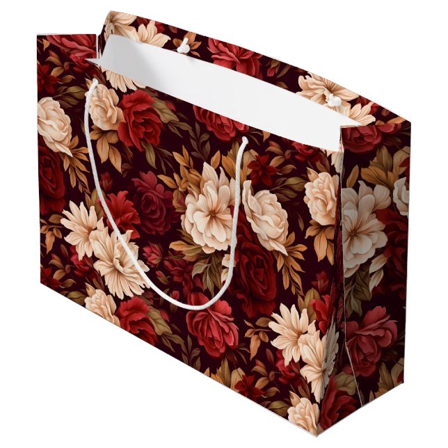 Bohemian burgundy beige flowers large gift bag (Back Angled)