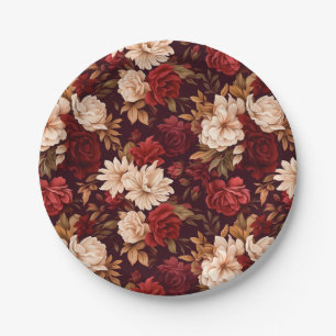 Bohemian burgundy beige flowers paper plate