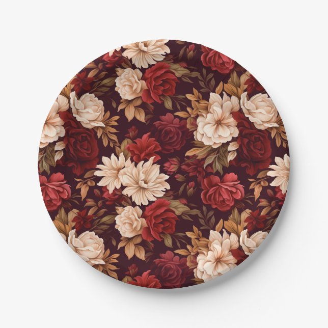Bohemian burgundy beige flowers paper plate (Front)