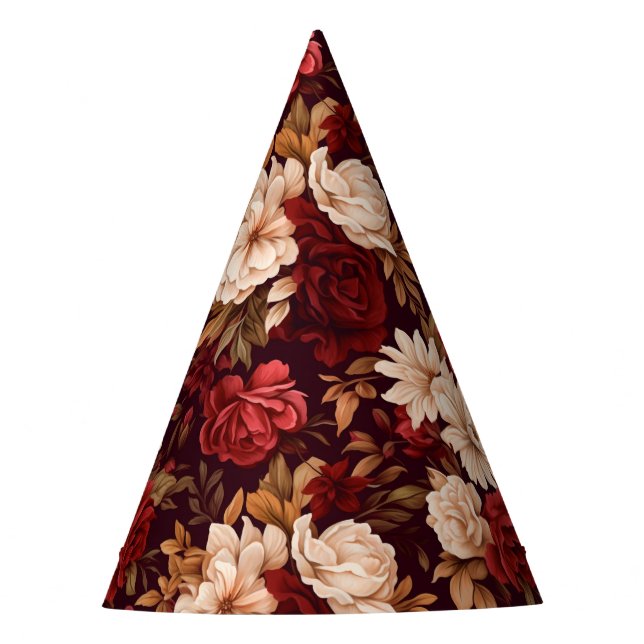 Bohemian burgundy beige flowers party hat (Front)