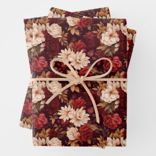 Bohemian burgundy beige flowers wrapping paper sheet