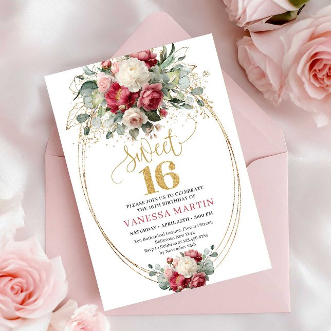 Bohemian Burgundy Blush Floral Gold Sweet Sixteen Invitation (Bohemian Burgundy Blush Floral Sweet Sixteen Invitation)