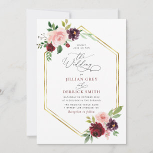 bohemian burgundy blush floral wedding invitation