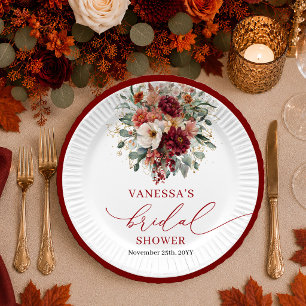 Bohemian Burgundy Gold floral fall bridal shower Paper Plate