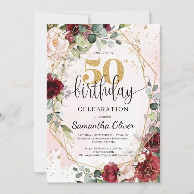 Bohemian burgundy gold glitter 50th birthday invitation (Front)