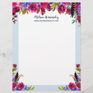 Bohemian Burgundy Light Blue  Floral Modern Trendy Custom Letterhead